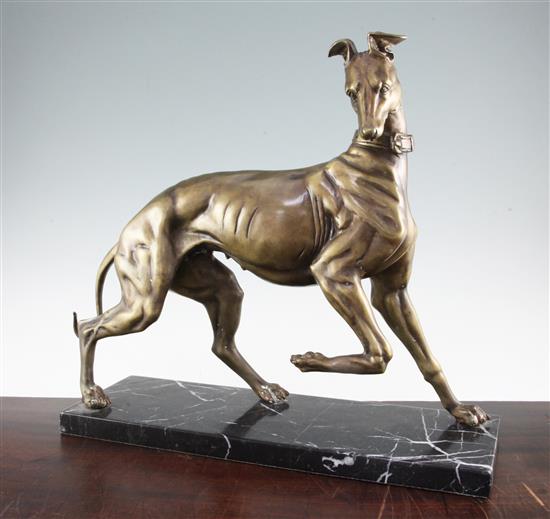 A 20th century patinated bronze model of a hound, 17in.